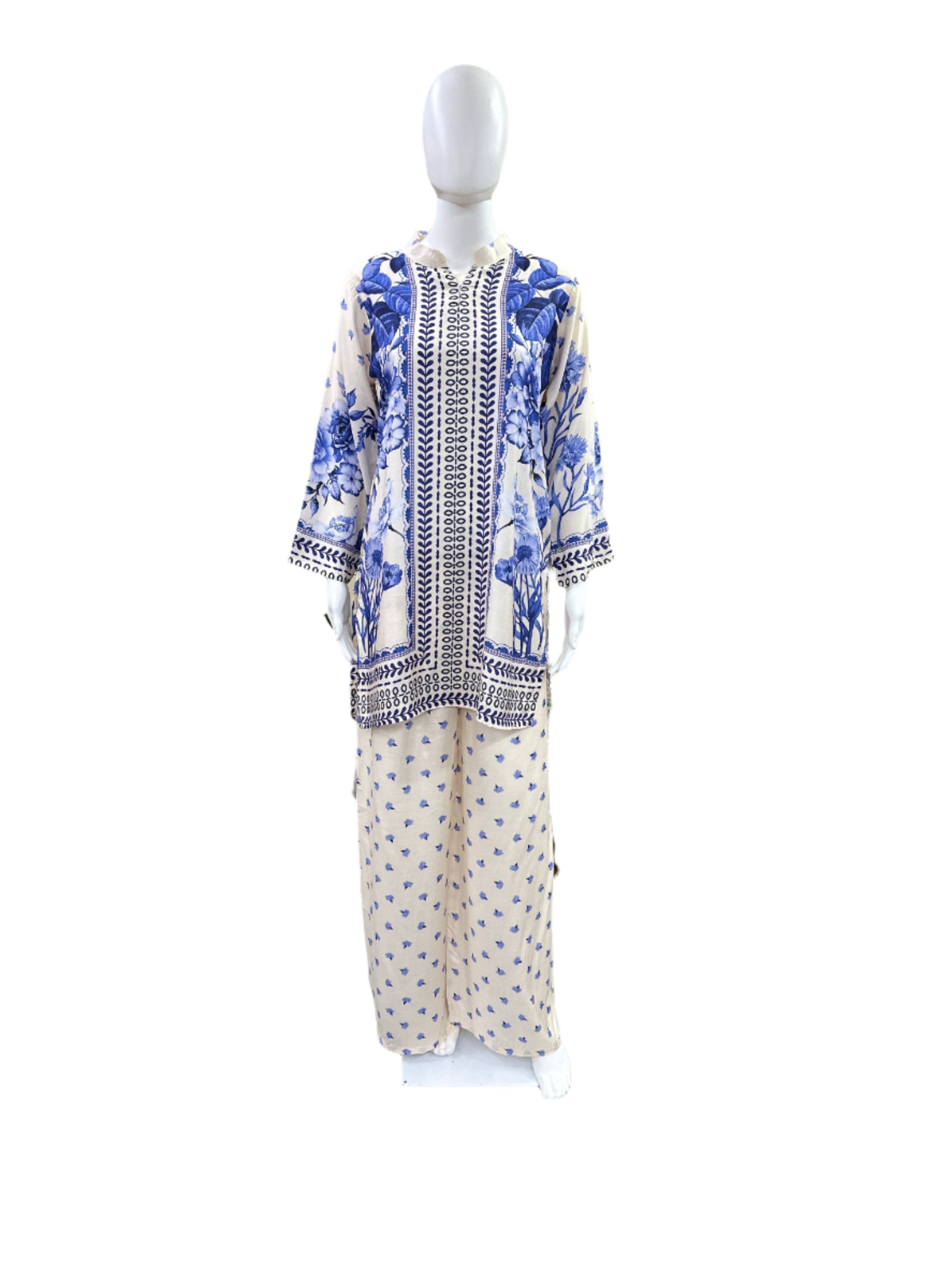 Premium Maslin 2-Piece Co-Ord Set - Floral Printed Top with Coordinating Printed Palazzo Pants - Elegant Beige & Blue