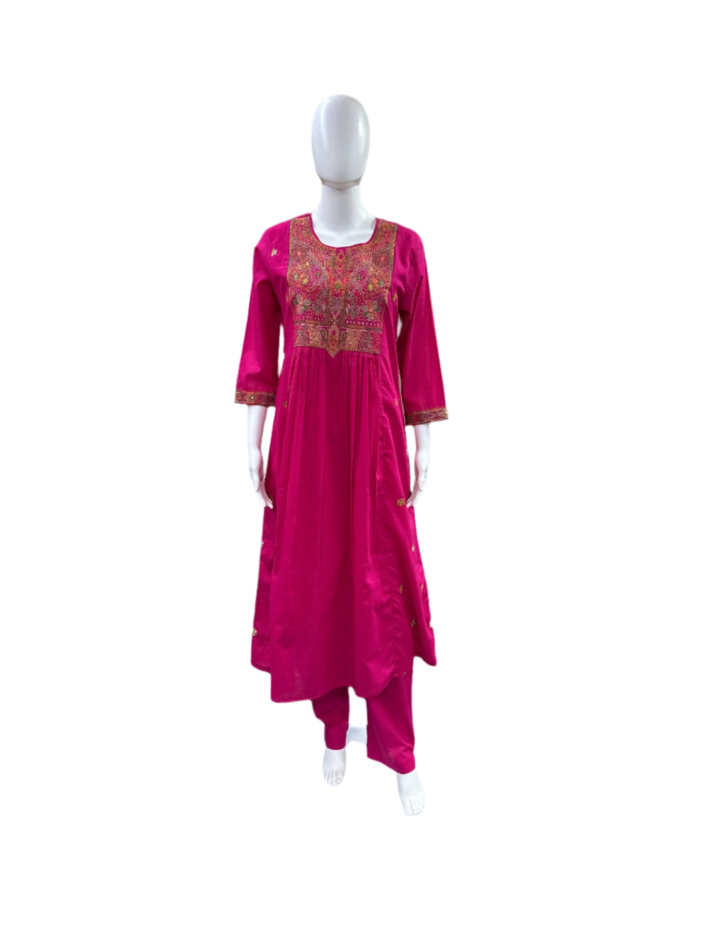 Cotton 3-Piece Set - Round Top with Embroidered Yoke & Sleeves with Lining, Straight Pants & Mul Dupatta with Tassels - Vibrant Pink