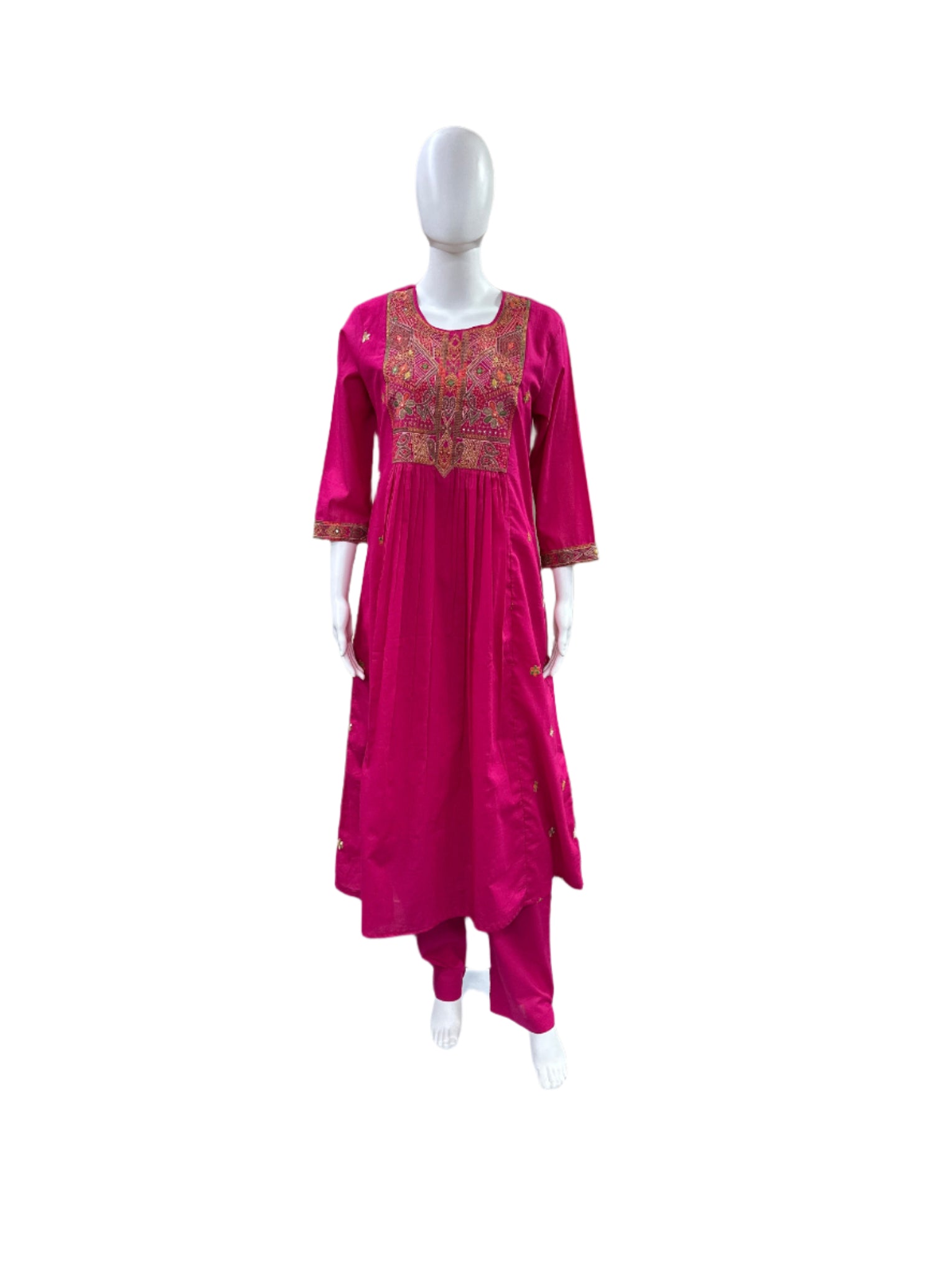 Cotton 3-Piece Set - Round Top with Embroidered Yoke & Sleeves with Lining, Straight Pants & Mul Dupatta with Tassels - Vibrant Pink
