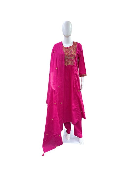 Cotton 3-Piece Set - Round Top with Embroidered Yoke & Sleeves with Lining, Straight Pants & Mul Dupatta with Tassels - Vibrant Pink