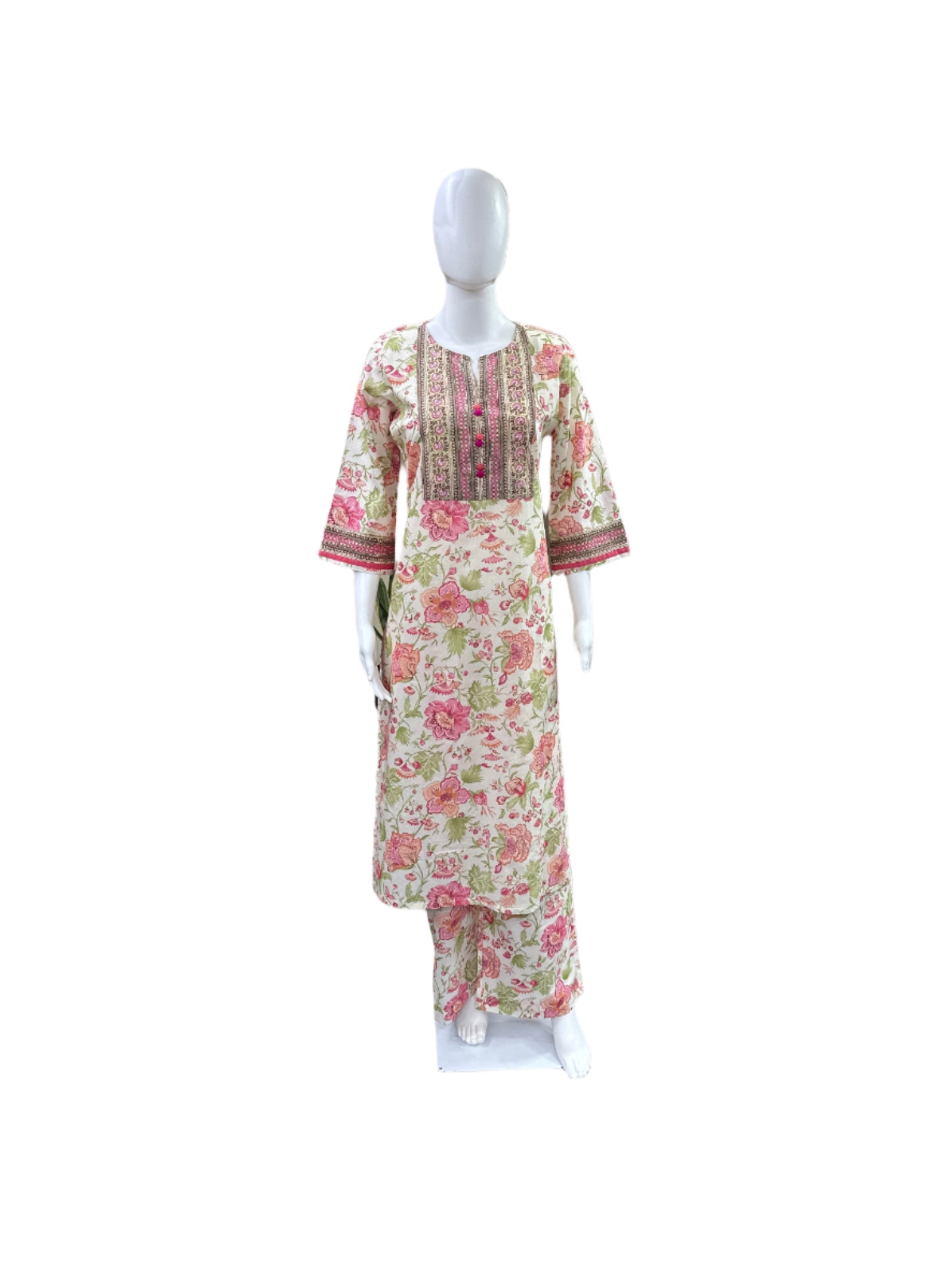 Premium Cotton 3-Piece Set - Floral Straight Top, Floral Palazzo Pants & Crushed Kota Doria Dupatta - Elegant Beige & Pink