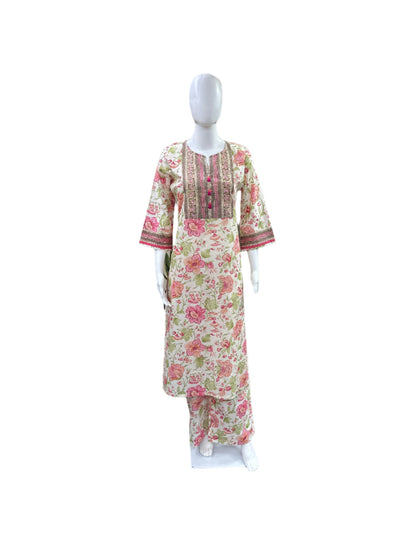 Premium Cotton 3-Piece Set - Floral Straight Top, Floral Palazzo Pants & Crushed Kota Doria Dupatta - Elegant Beige & Pink