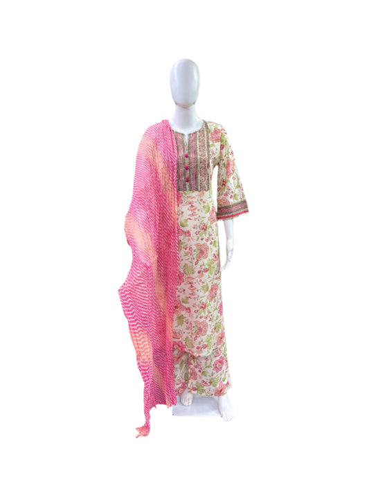 Premium Cotton 3-Piece Set - Floral Straight Top, Floral Palazzo Pants & Crushed Kota Doria Dupatta - Elegant Beige & Pink
