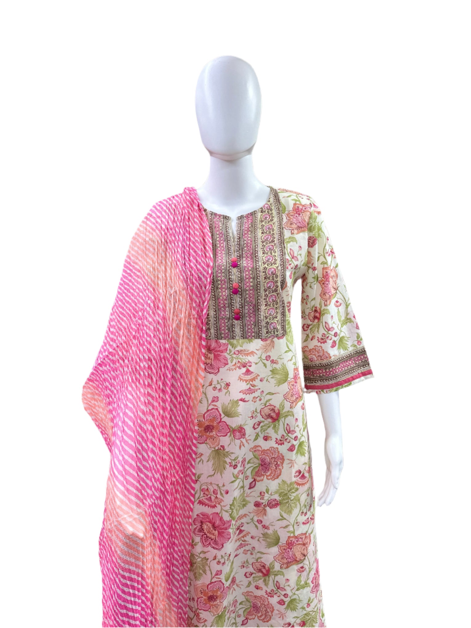Premium Cotton 3-Piece Set - Floral Straight Top, Floral Palazzo Pants & Crushed Kota Doria Dupatta - Elegant Beige & Pink