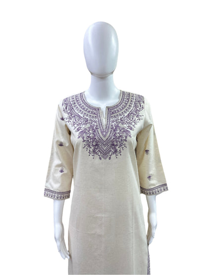 Premium Cotton Flex 2-Piece Set - Straight Top with Purple Embroidery on Yoke & Sleeves, Flowing Palazzo Pants - Elegant Beige with Purple Embroidery