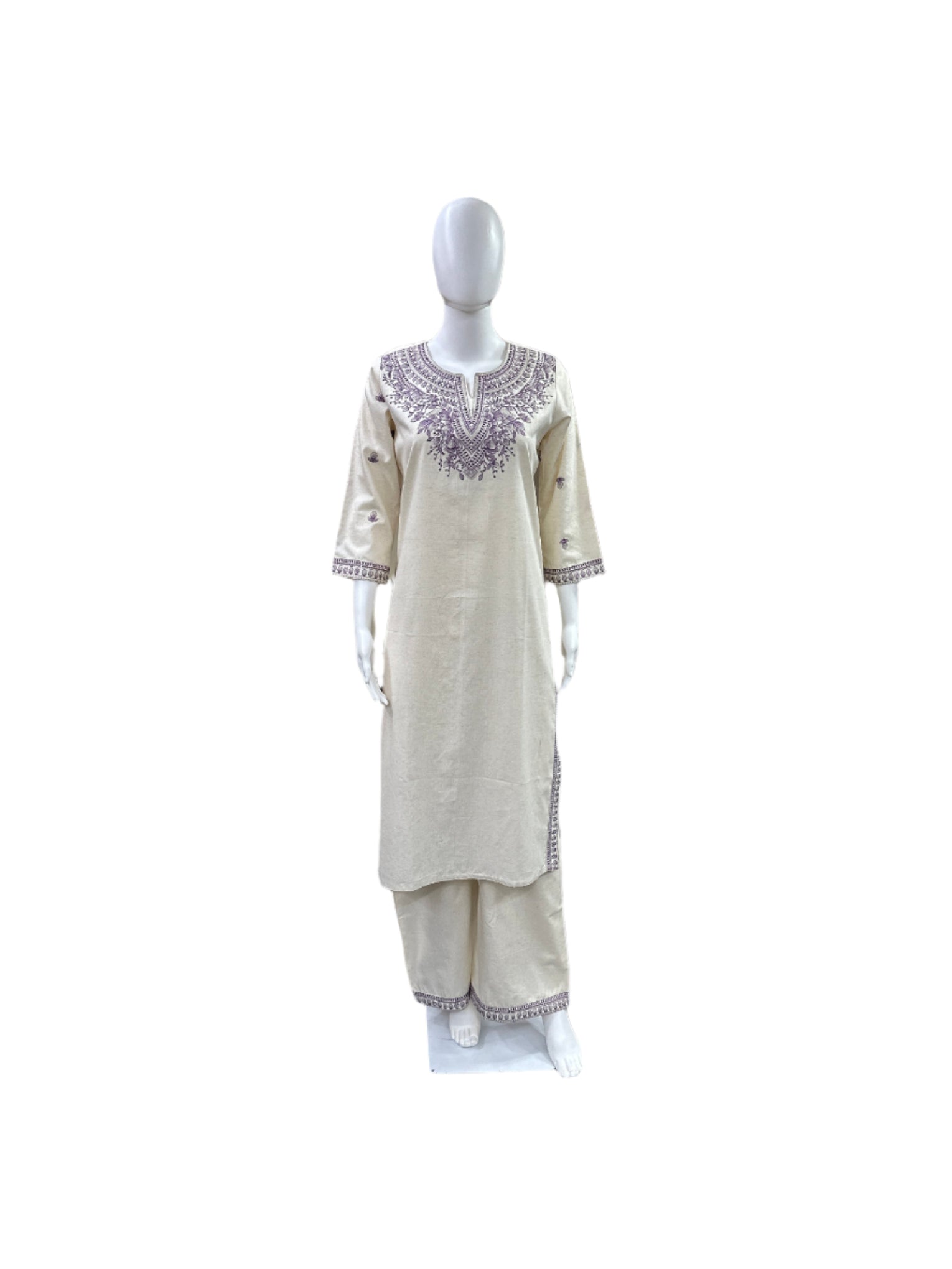 Premium Cotton Flex 2-Piece Set - Straight Top with Purple Embroidery on Yoke & Sleeves, Flowing Palazzo Pants - Elegant Beige with Purple Embroidery