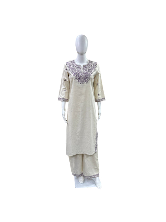 Premium Cotton Flex 2-Piece Set - Straight Top with Purple Embroidery on Yoke & Sleeves, Flowing Palazzo Pants - Elegant Beige with Purple Embroidery