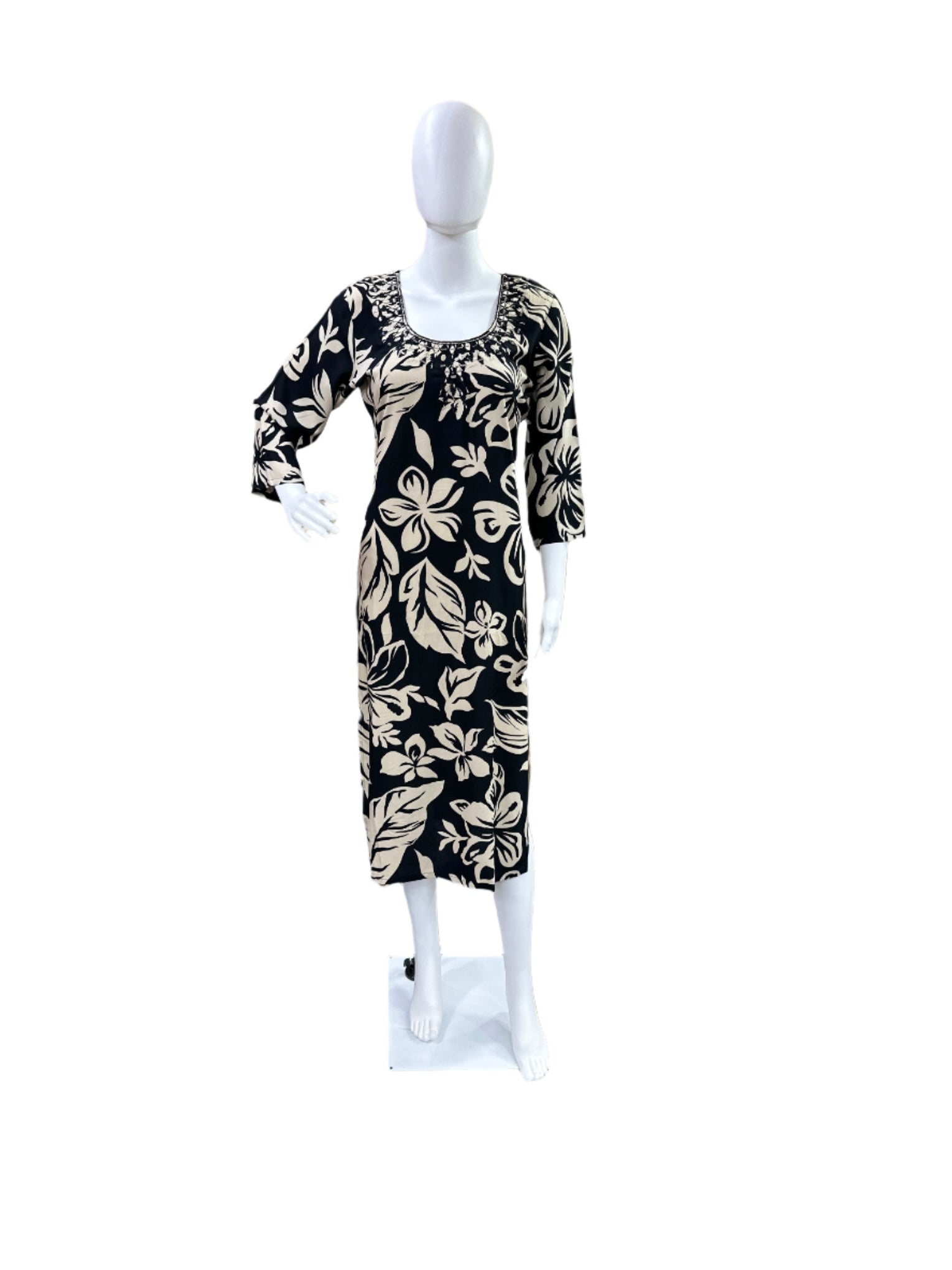 Premium Rayon Straight Kurti - Floral Pattern with Mirror Work on Neck - Elegant Black & Beige