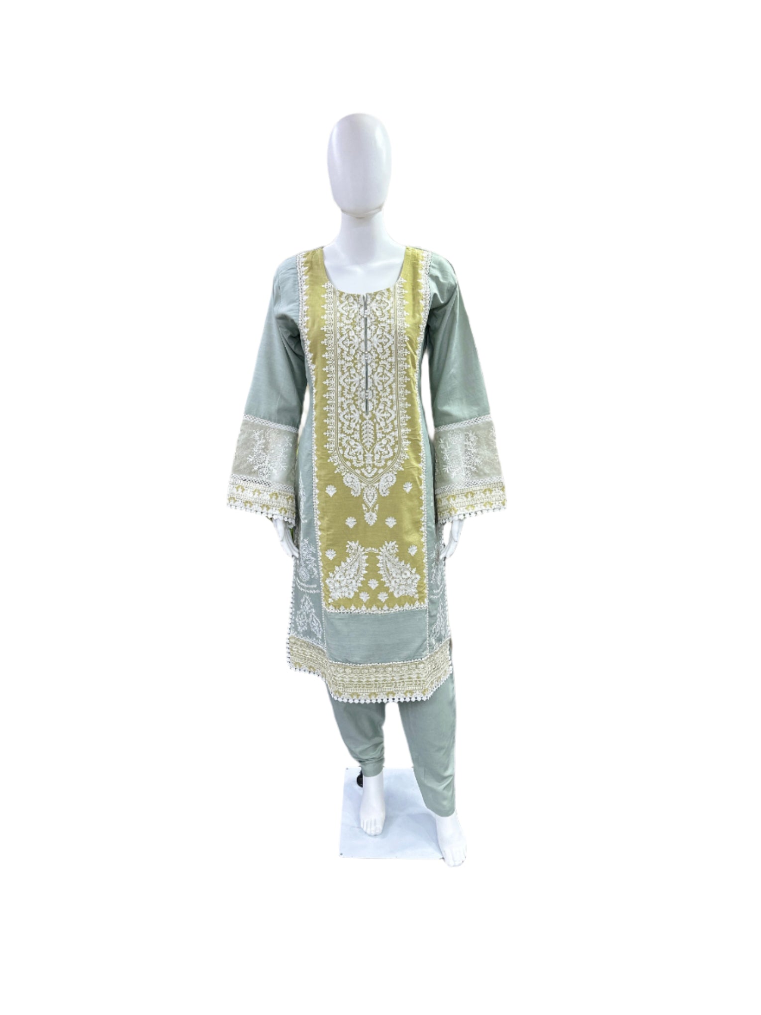 Premium Cotton 3-Piece Set - Embroidered Top with Bell Sleeves & Lining, Straight Pants & Laced Kota Doria Dupatta - Sophisticated Grey & Green