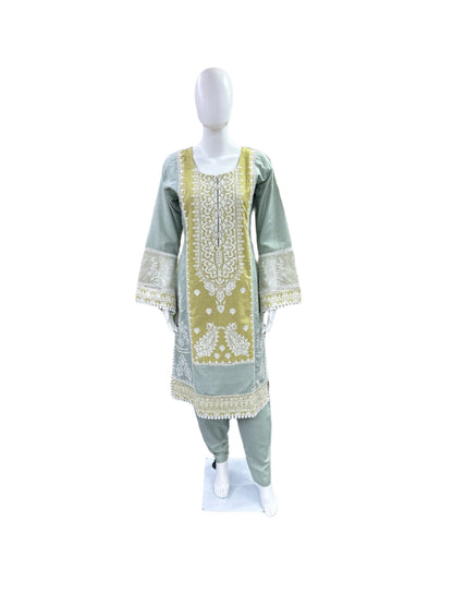 Premium Cotton 3-Piece Set - Embroidered Top with Bell Sleeves & Lining, Straight Pants & Laced Kota Doria Dupatta - Sophisticated Grey & Green