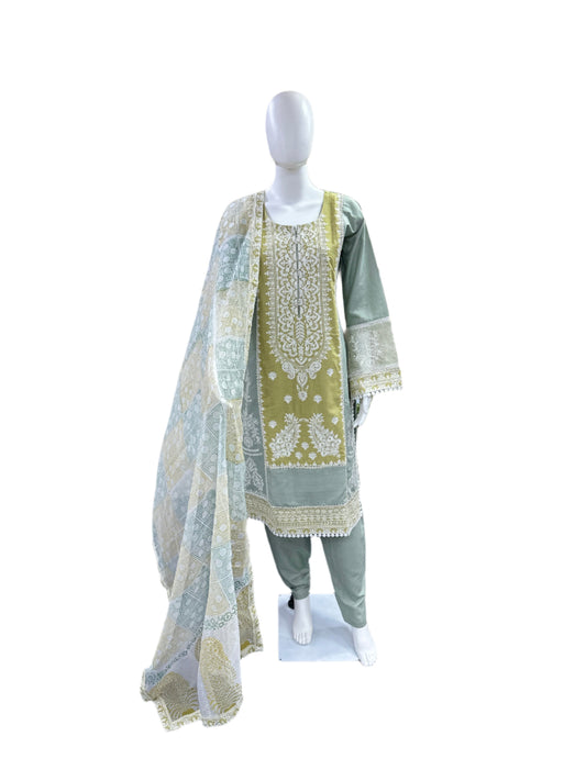 Premium Cotton 3-Piece Set - Embroidered Top with Bell Sleeves & Lining, Straight Pants & Laced Kota Doria Dupatta - Sophisticated Grey & Green