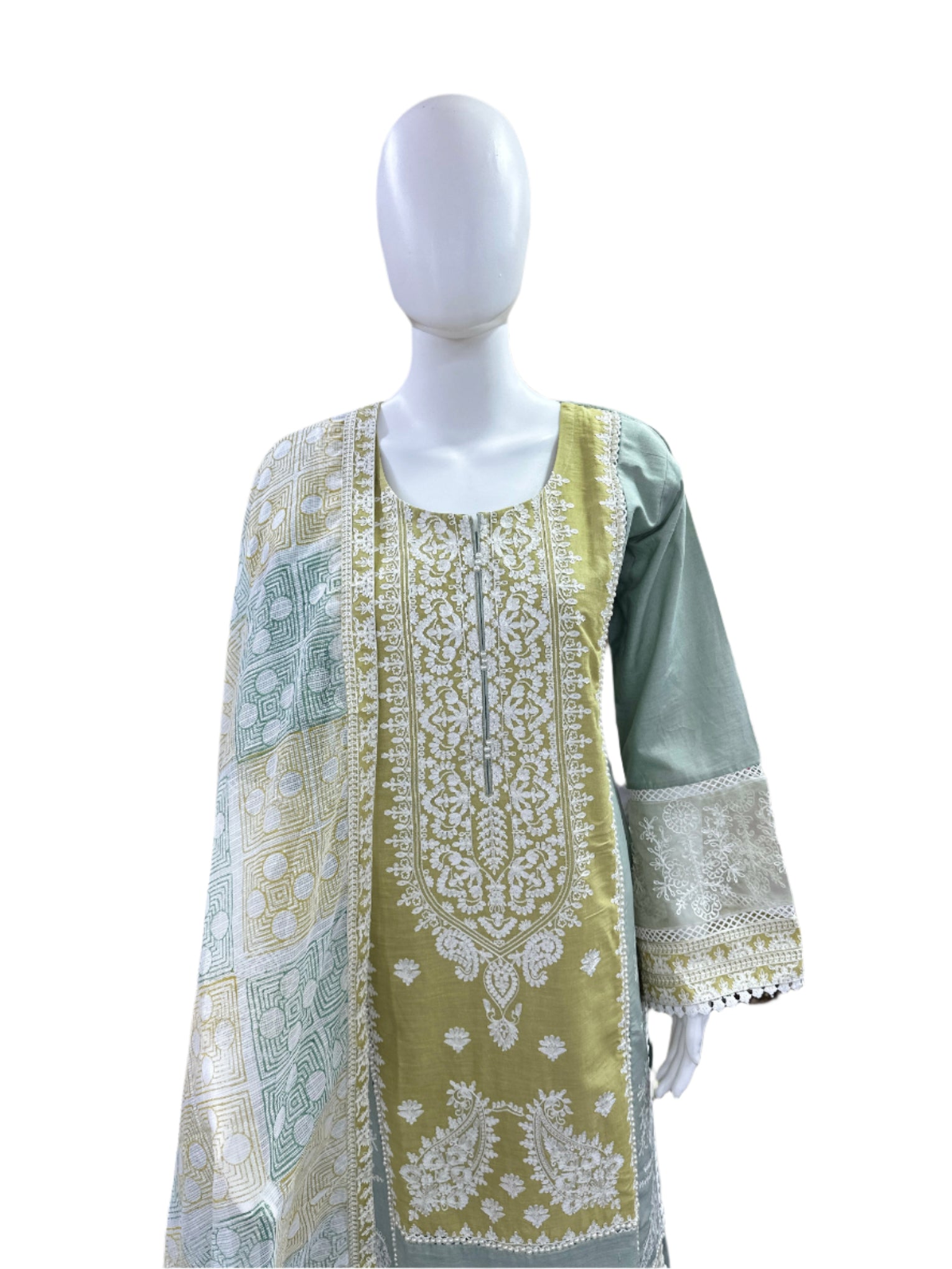 Premium Cotton 3-Piece Set - Embroidered Top with Bell Sleeves & Lining, Straight Pants & Laced Kota Doria Dupatta - Sophisticated Grey & Green