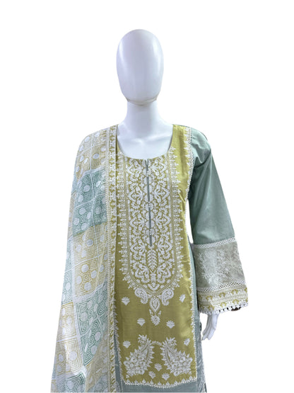 Premium Cotton 3-Piece Set - Embroidered Top with Bell Sleeves & Lining, Straight Pants & Laced Kota Doria Dupatta - Sophisticated Grey & Green