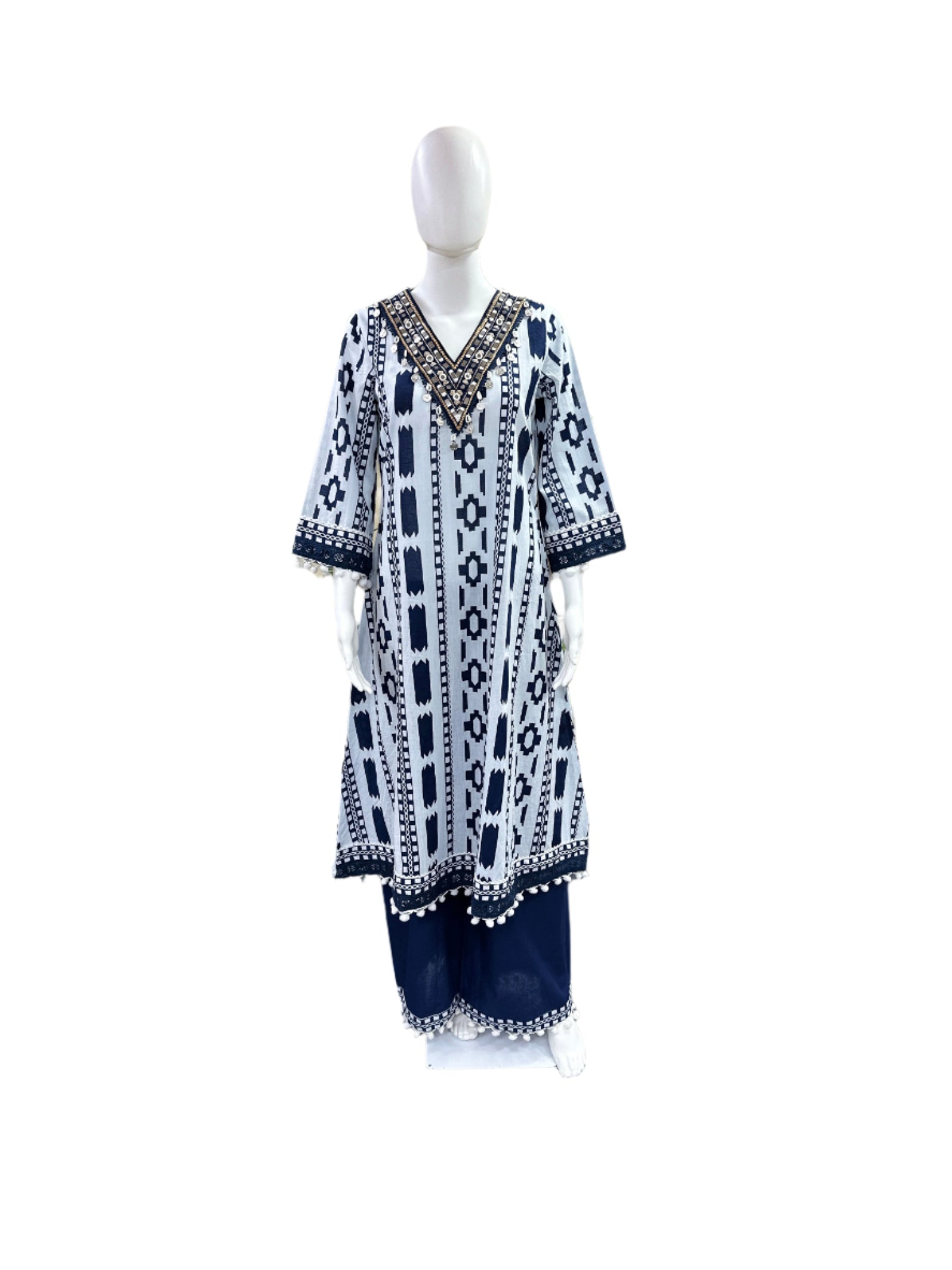 Premium Cotton 3-Piece Set - A-Line Ikat Print Top with Lace on Yoke & Sleeves, Pom Pom Hemline, Palazzo Pants & Ikat Printed Dupatta - Vibrant Blue