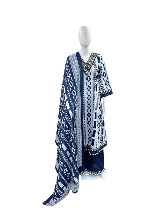 Premium Cotton 3-Piece Set - A-Line Ikat Print Top with Lace on Yoke & Sleeves, Pom Pom Hemline, Palazzo Pants & Ikat Printed Dupatta - Vibrant Blue