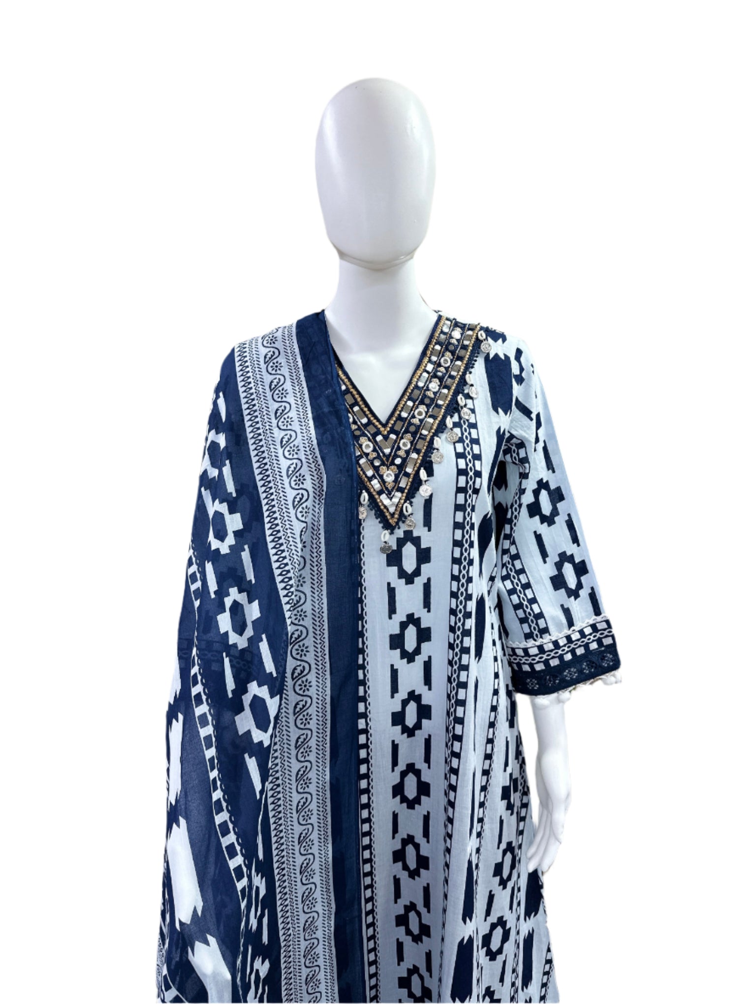 Premium Cotton 3-Piece Set - A-Line Ikat Print Top with Lace on Yoke & Sleeves, Pom Pom Hemline, Palazzo Pants & Ikat Printed Dupatta - Vibrant Blue