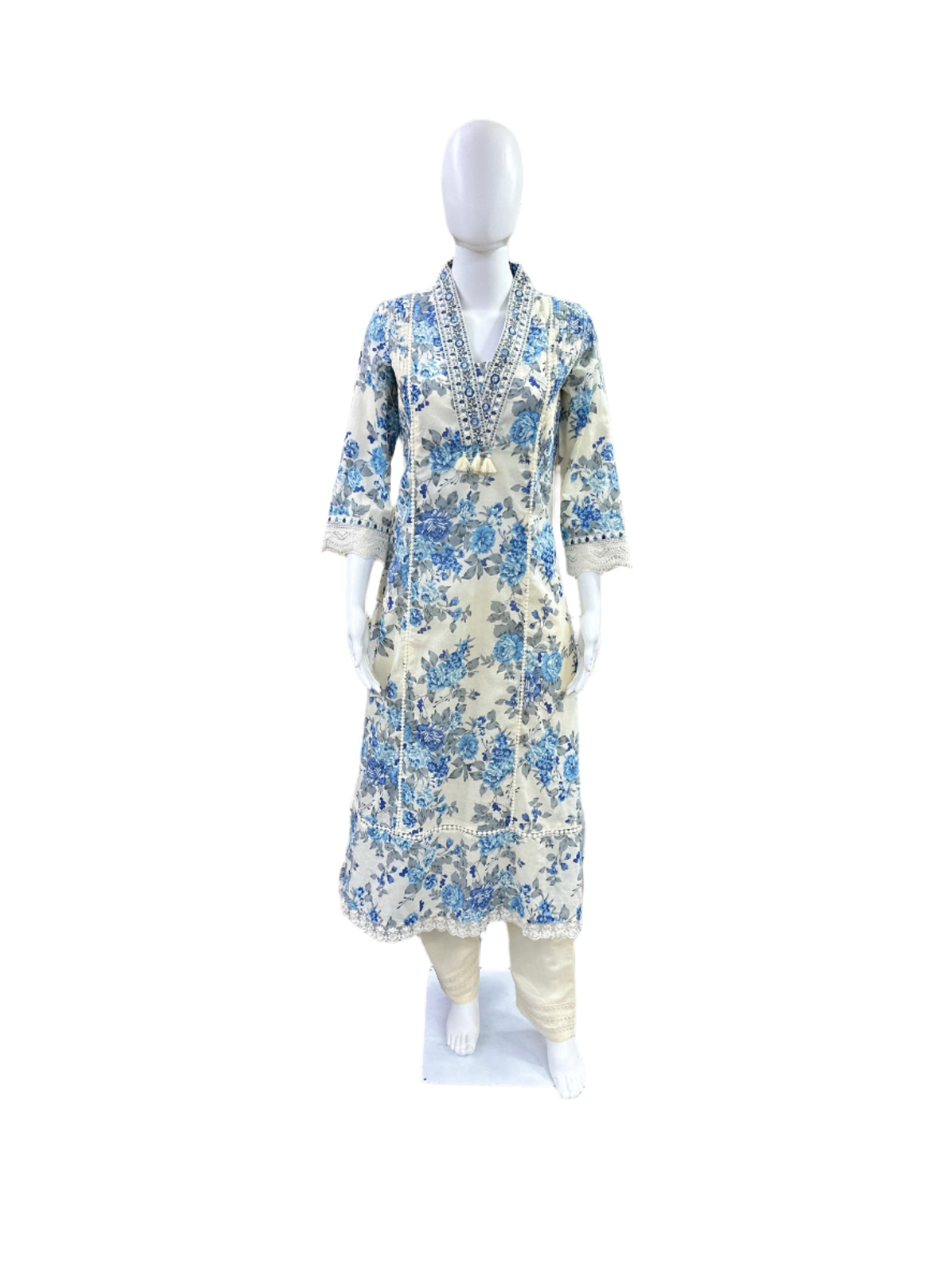 Premium Cotton 3-Piece Set - A-Line Floral Top with Lace on Yoke & Sleeves, Straight Pants & Floral Printed Dupatta - Elegant Beige & Blue