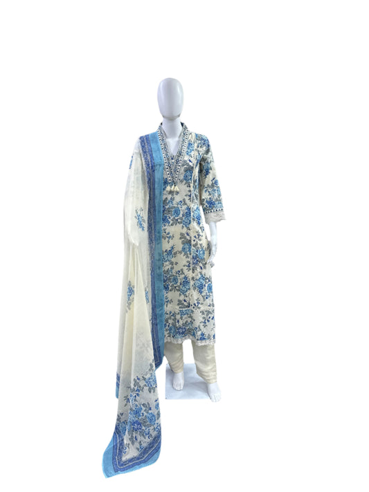 Premium Cotton 3-Piece Set - A-Line Floral Top with Lace on Yoke & Sleeves, Straight Pants & Floral Printed Dupatta - Elegant Beige & Blue
