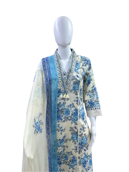 Premium Cotton 3-Piece Set - A-Line Floral Top with Lace on Yoke & Sleeves, Straight Pants & Floral Printed Dupatta - Elegant Beige & Blue
