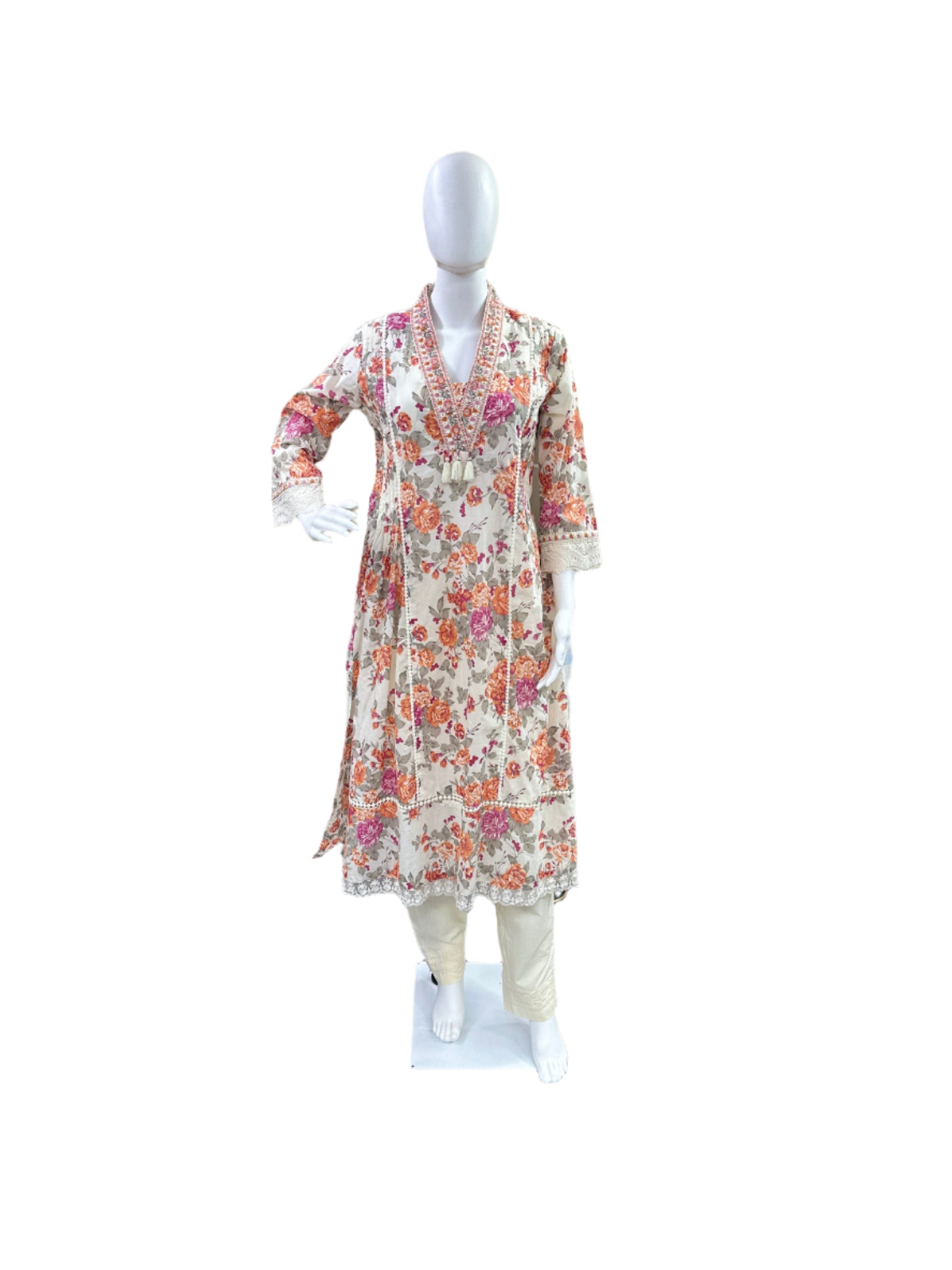 Premium Cotton 3-Piece Set - A-Line Floral Top with Lace on Yoke & Sleeves, Straight Pants & Floral Printed Dupatta - Orange & Pink
