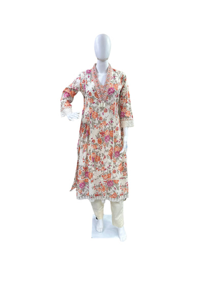 Premium Cotton 3-Piece Set - A-Line Floral Top with Lace on Yoke & Sleeves, Straight Pants & Floral Printed Dupatta - Orange & Pink