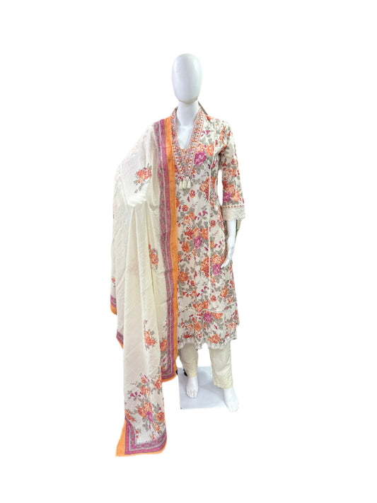 Premium Cotton 3-Piece Set - A-Line Floral Top with Lace on Yoke & Sleeves, Straight Pants & Floral Printed Dupatta - Orange & Pink