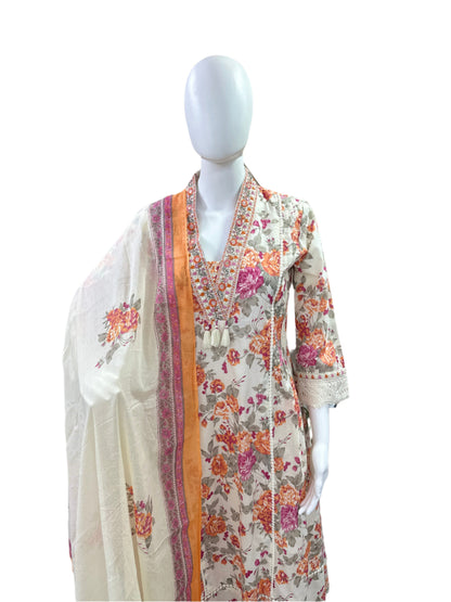 Cotton Floral 3-Piece Set A-Line Top with Pant & Dupatta - Orange & Pink