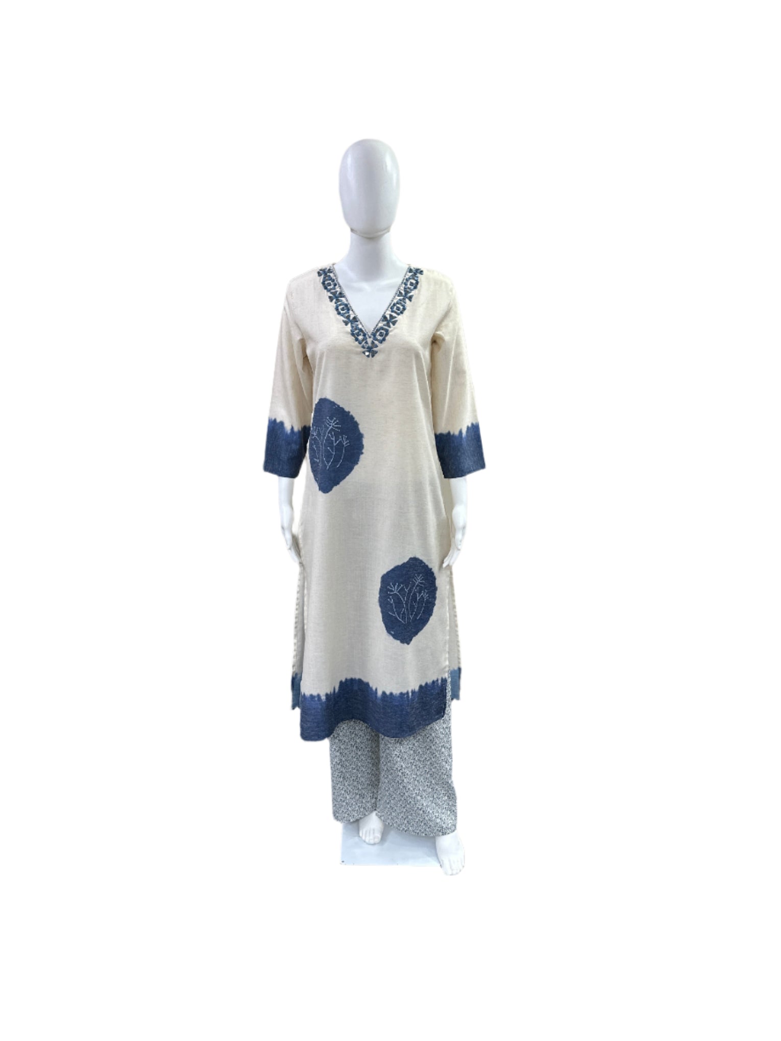 Premium Flex Cotton 3-Piece Set - Straight Top with Mirror Work on Yoke, Palazzo Pants & Printed Dupatta - Elegant Beige & Blue