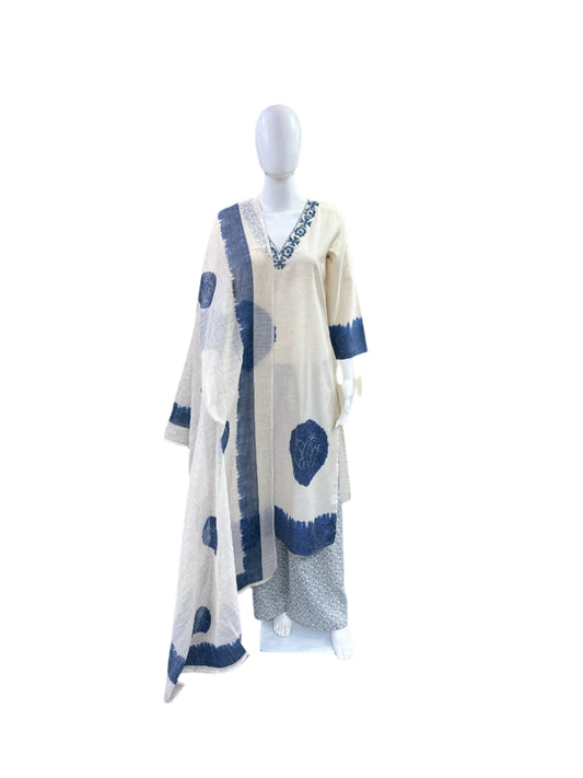 Premium Flex Cotton 3-Piece Set - Straight Top with Mirror Work on Yoke, Palazzo Pants & Printed Dupatta - Elegant Beige & Blue