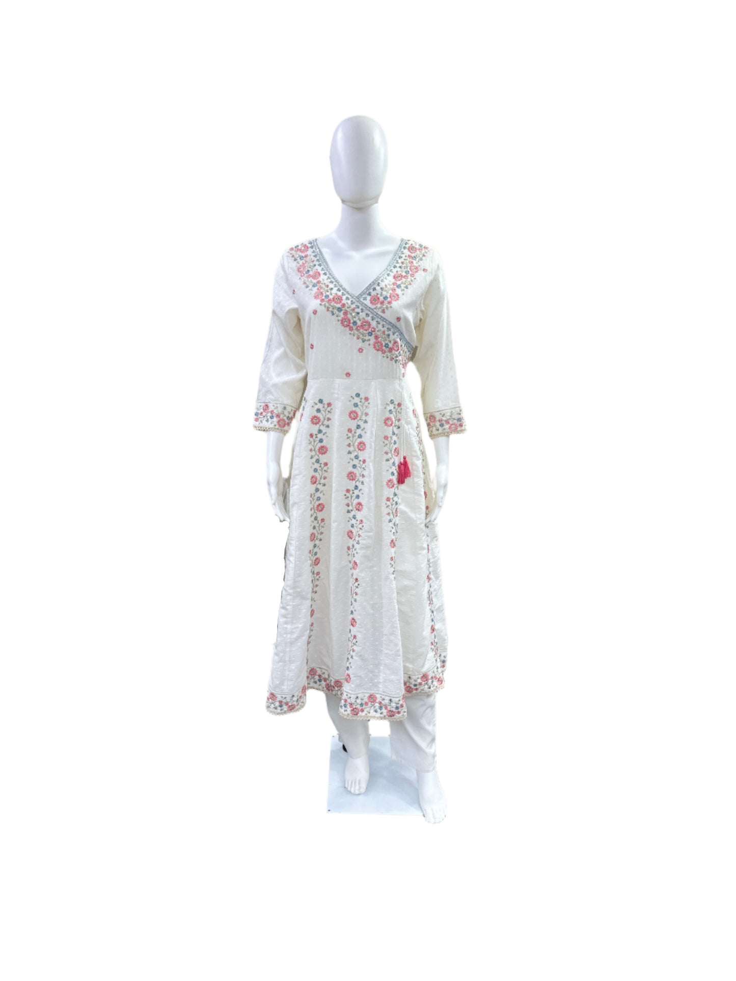 Premium Dobby Cotton 3-Piece Set - Angrakha Anarkali with Heavy Embroidery & Lace Work, Straight Pants & Mul Cotton Dupatta - Pure White