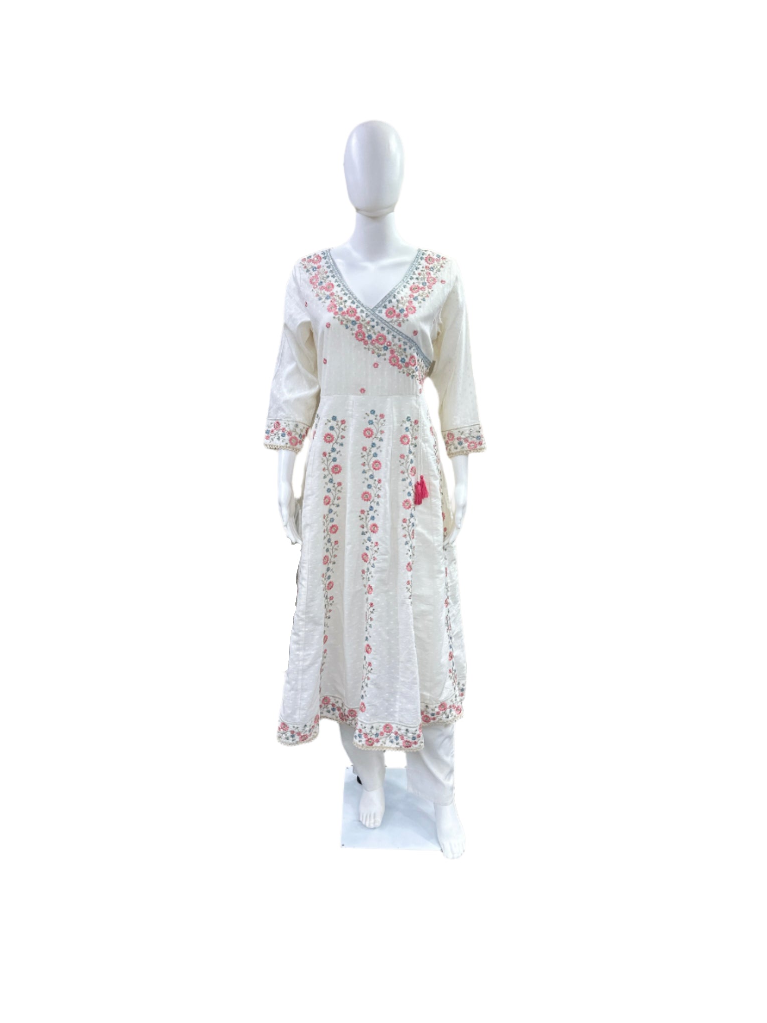 Premium Dobby Cotton 3-Piece Set - Angrakha Anarkali with Heavy Embroidery & Lace Work, Straight Pants & Mul Cotton Dupatta - Pure White