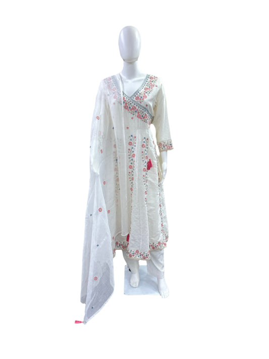 Premium Dobby Cotton 3-Piece Set - Angrakha Anarkali with Heavy Embroidery & Lace Work, Straight Pants & Mul Cotton Dupatta - Pure White