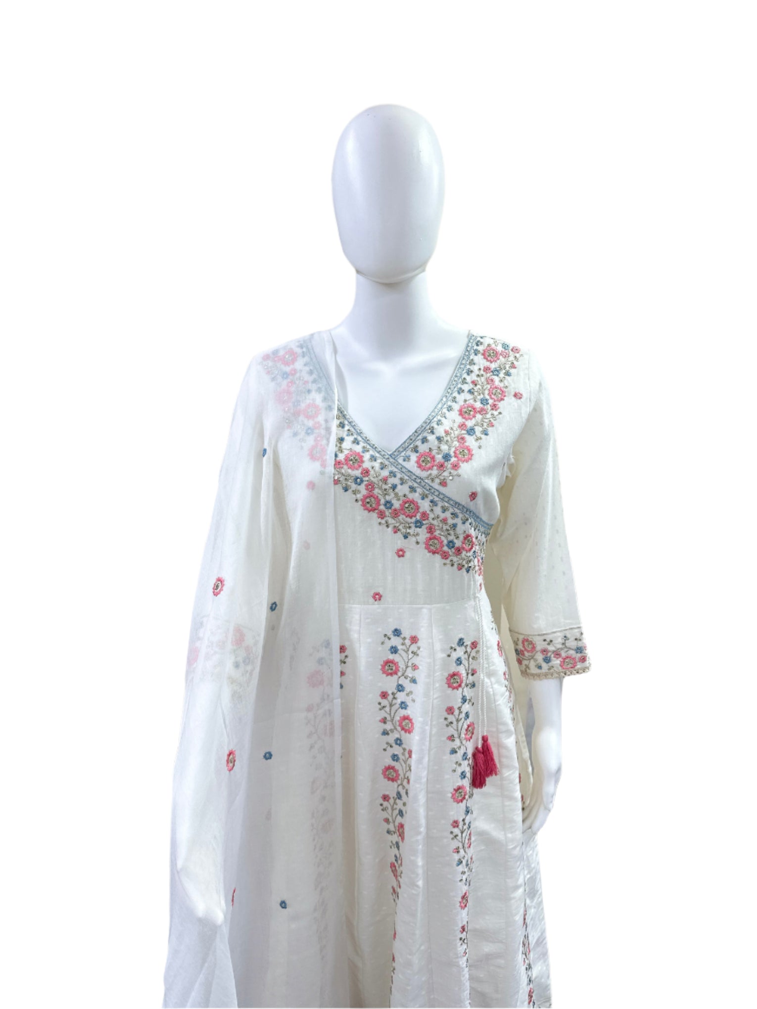 Premium Dobby Cotton 3-Piece Set - Angrakha Anarkali with Heavy Embroidery & Lace Work, Straight Pants & Mul Cotton Dupatta - Pure White