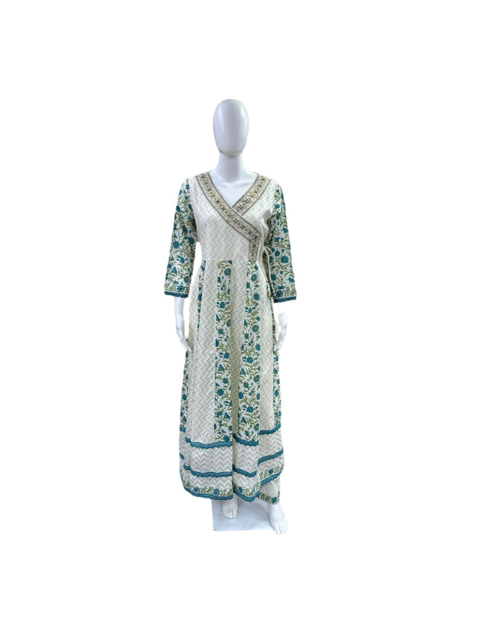 Cotton 3-Piece Set - Floral Angrakha Pattern Anarkali with Lace on Sleeves & Hemline, Straight Pants & Printed Dupatta - Serene Beige & Sea Green