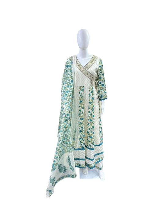 Cotton 3-Piece Set - Floral Angrakha Pattern Anarkali with Lace on Sleeves & Hemline, Straight Pants & Printed Dupatta - Serene Beige & Sea Green