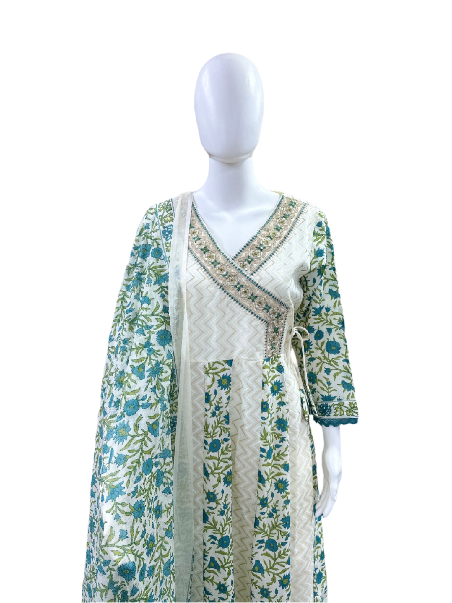 Cotton 3-Piece Set - Floral Angrakha Pattern Anarkali with Lace on Sleeves & Hemline, Straight Pants & Printed Dupatta - Serene Beige & Sea Green