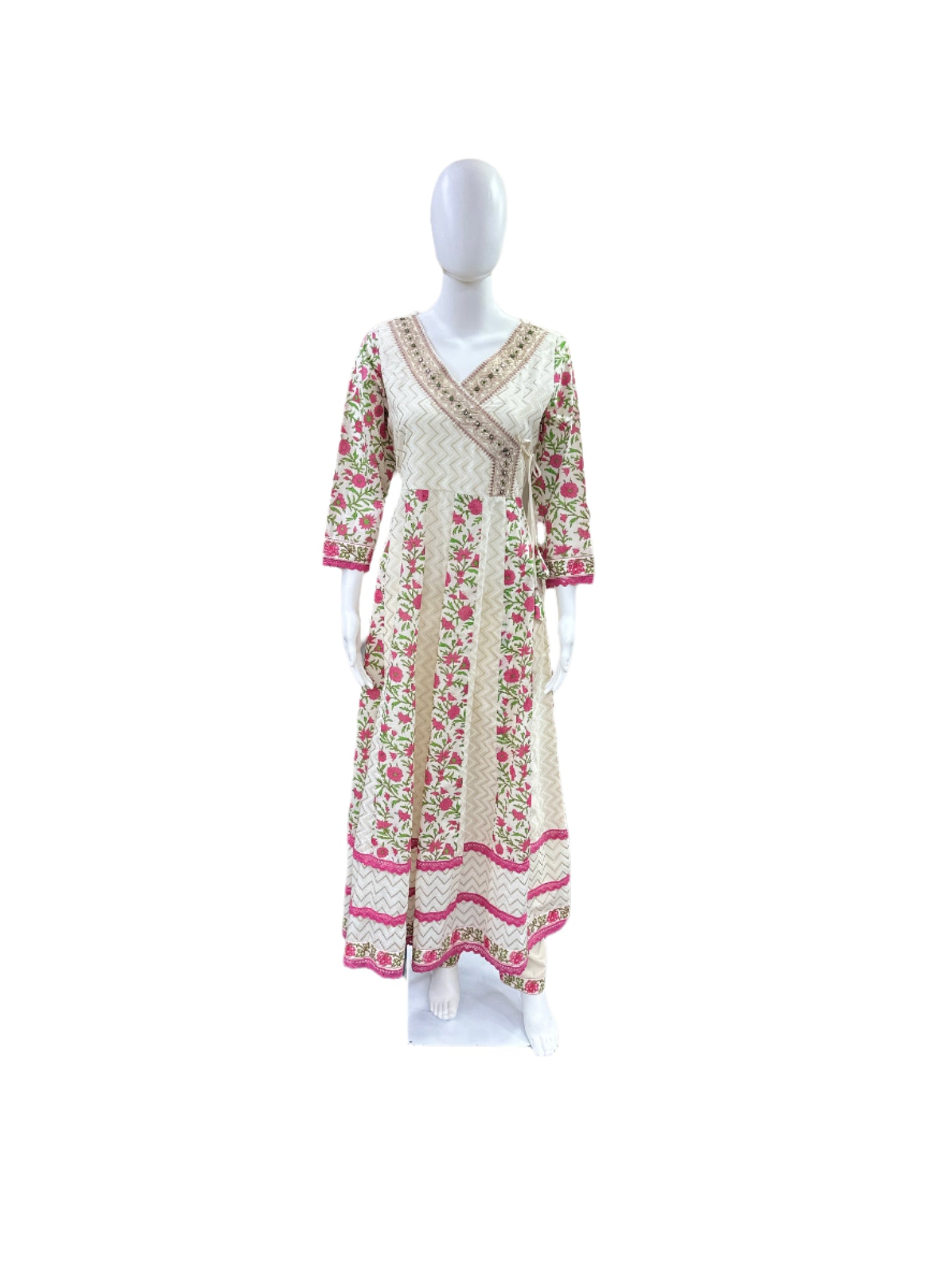 Premium Cotton 3-Piece Set - Floral Angarakha Pattern Anarkali with Lace on Sleeves & Hemline, Straight Pants & Printed Dupatta - Elegant Pink & Beige