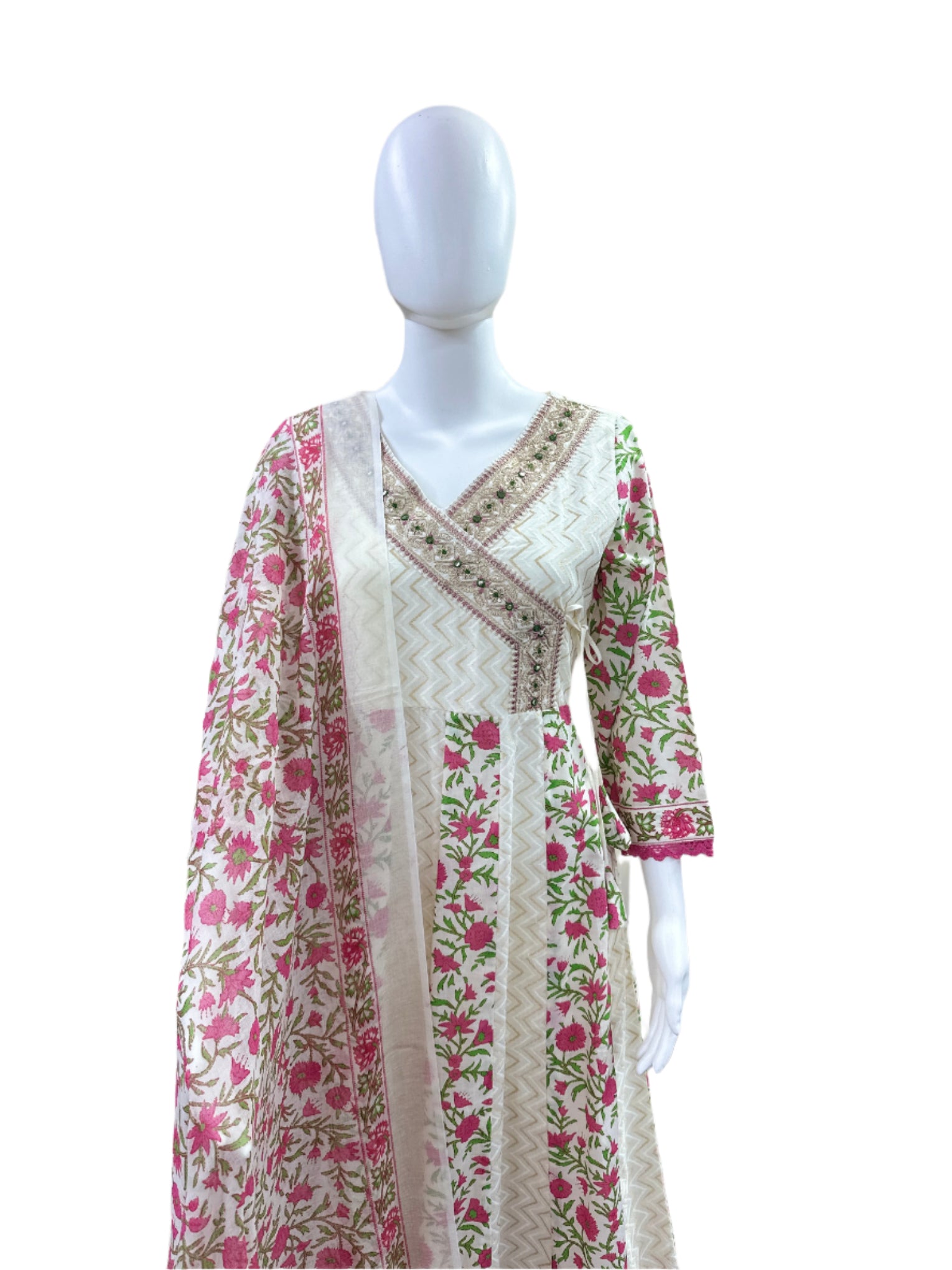Premium Cotton 3-Piece Set - Floral Angarakha Pattern Anarkali with Lace on Sleeves & Hemline, Straight Pants & Printed Dupatta - Elegant Pink & Beige