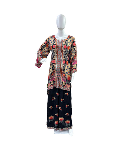 Muslin Co-Ord Set - Printed Top with Tassel Sleeves & Flowing Palazzo Pants - Sophisticated Black