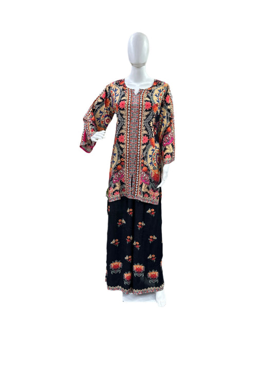 Muslin Co-Ord Set - Printed Top with Tassel Sleeves & Flowing Palazzo Pants - Sophisticated Black