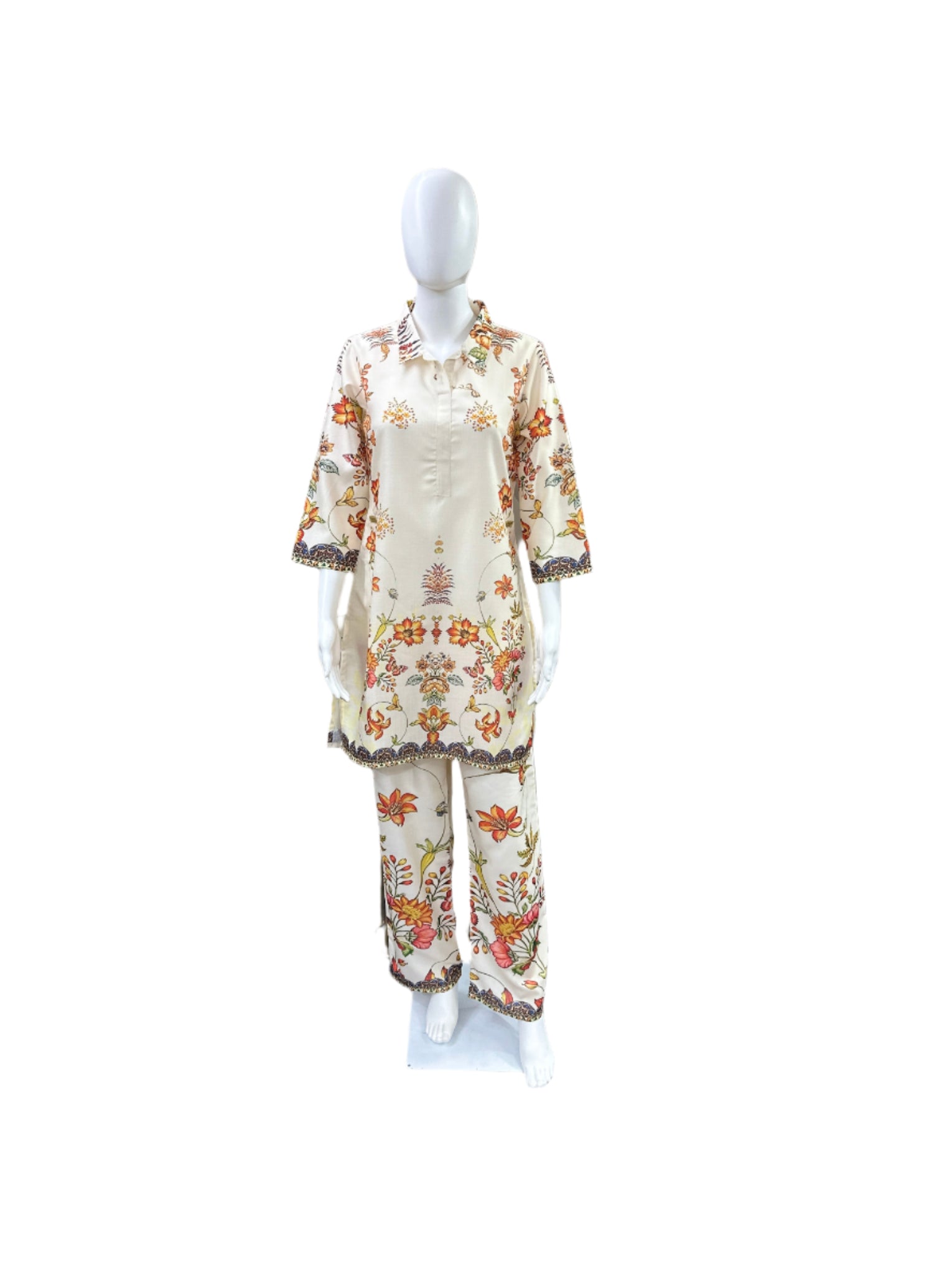 Cotton 2-Piece Co-Ord Set - Floral Top with Classic Collar & Flowing Palazzo Pants - Elegant Beige/Off White