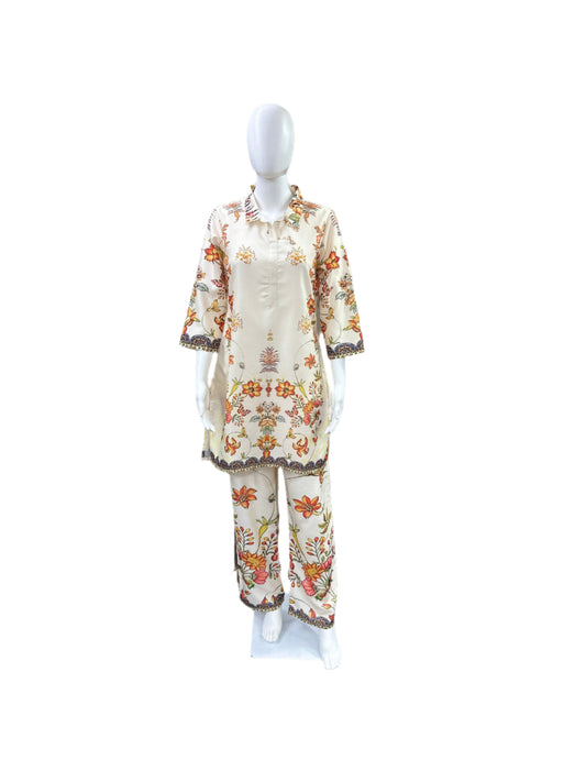Cotton 2-Piece Co-Ord Set - Floral Top with Classic Collar & Flowing Palazzo Pants - Elegant Beige/Off White