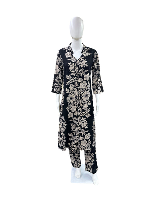 Textured Crush Cotton 2-Piece Ensemble - Romantic Floral A-Line Top with Classic Straight Pants in Sophisticated Black
