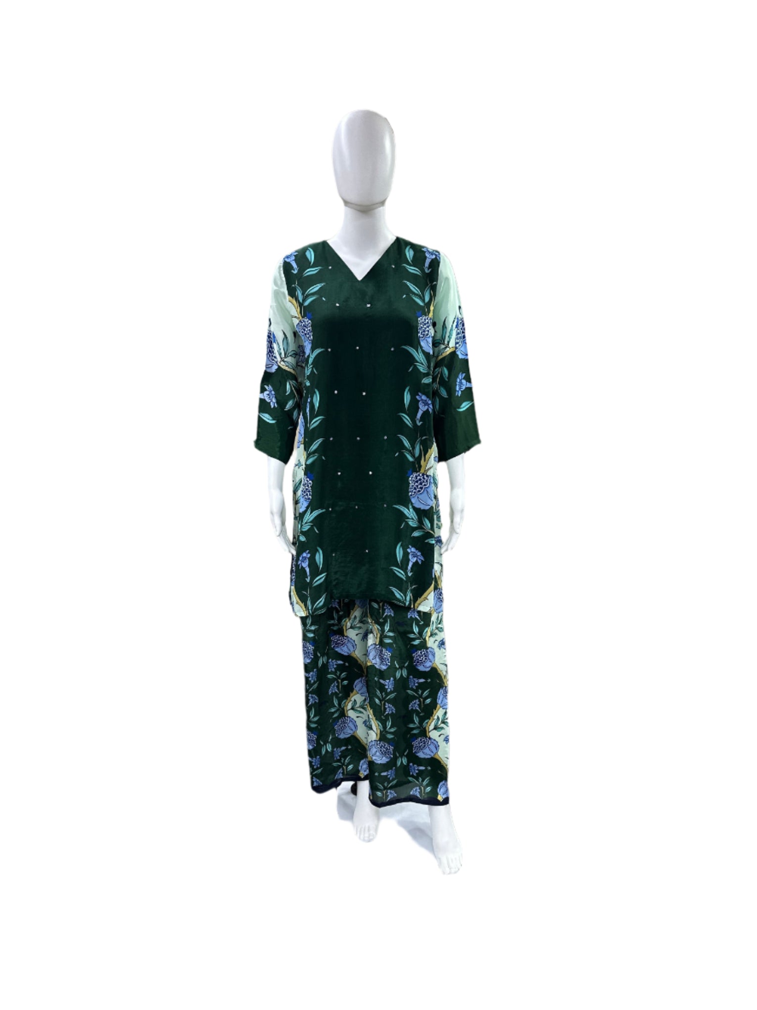 Premium Crepe Co-Ord Set - Floral Printed Top with Lining & Flowing Palazzo Pants - Rich Bottle Green