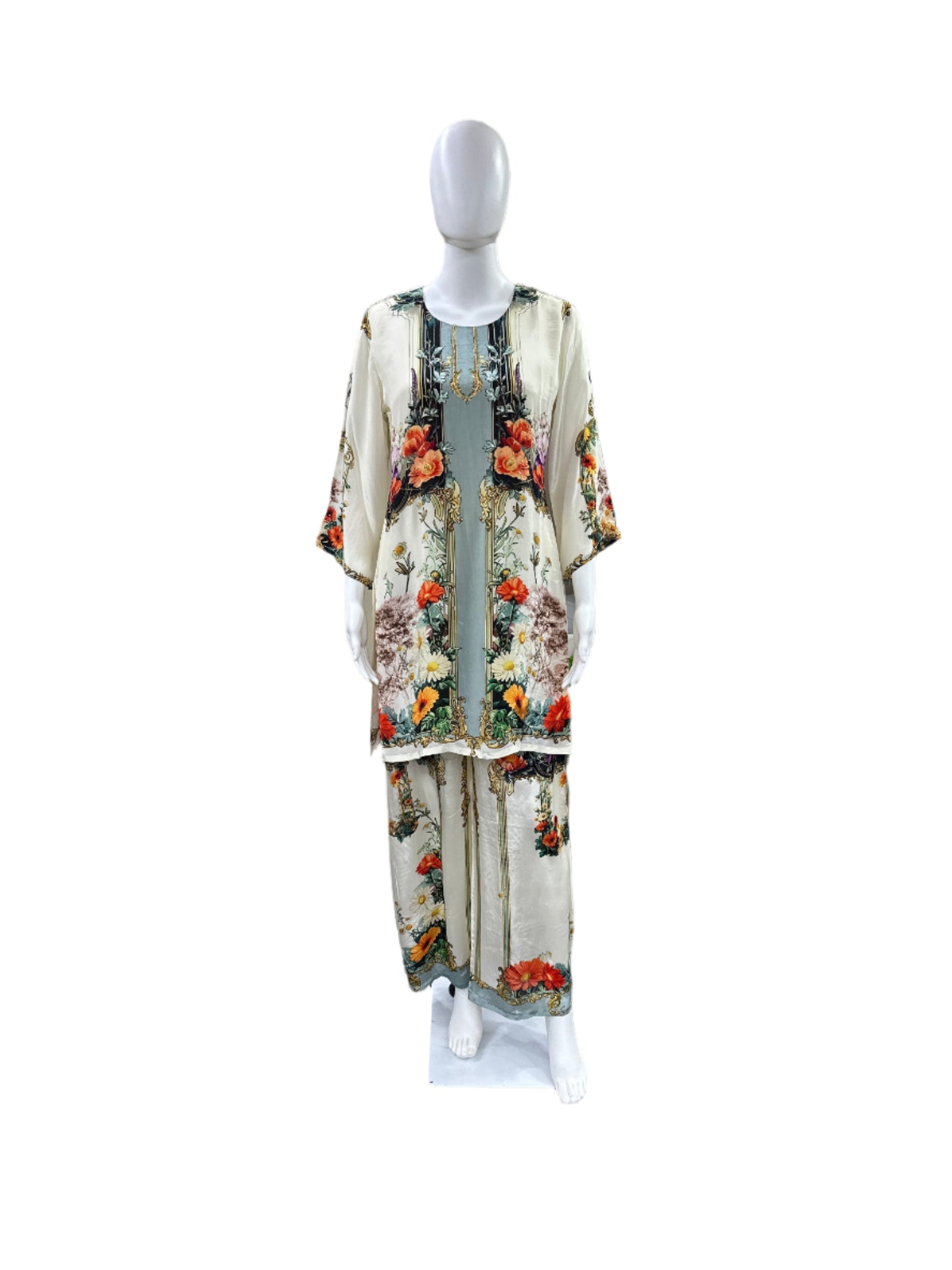 Premium Crepe Co-Ord Set - Floral Printed Top with Lining & Light Cutdana Work, Flowing Palazzo Pants - Sophisticated Off White & Grey