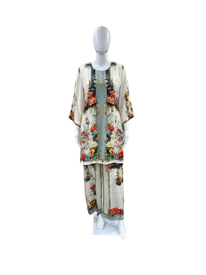 Premium Crepe Co-Ord Set - Floral Printed Top with Lining & Light Cutdana Work, Flowing Palazzo Pants - Sophisticated Off White & Grey
