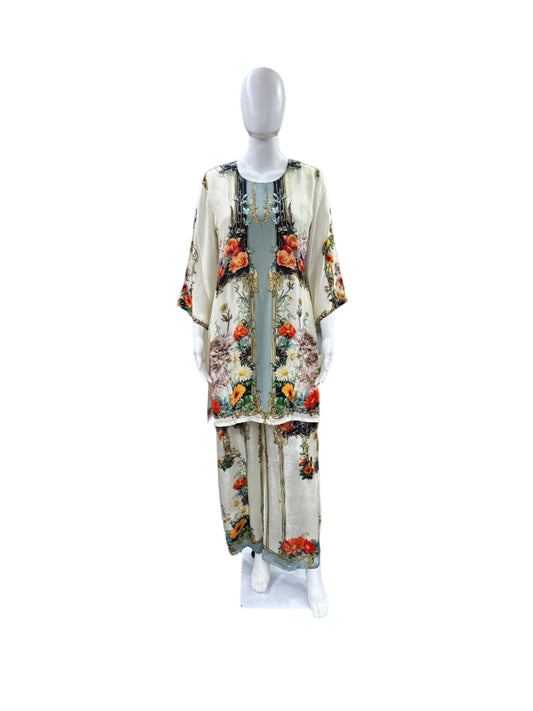 Premium Crepe Co-Ord Set - Floral Printed Top with Lining & Light Cutdana Work, Flowing Palazzo Pants - Sophisticated Off White & Grey