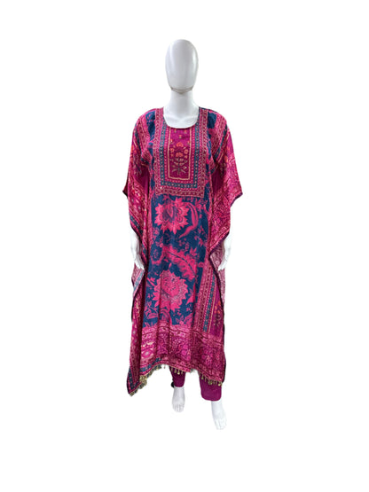 Luxurious Crepe 2-Piece Ensemble - Exquisite Floral Kaftan with Artisanal Cutdana Work in Vibrant Magenta Pink & Blue