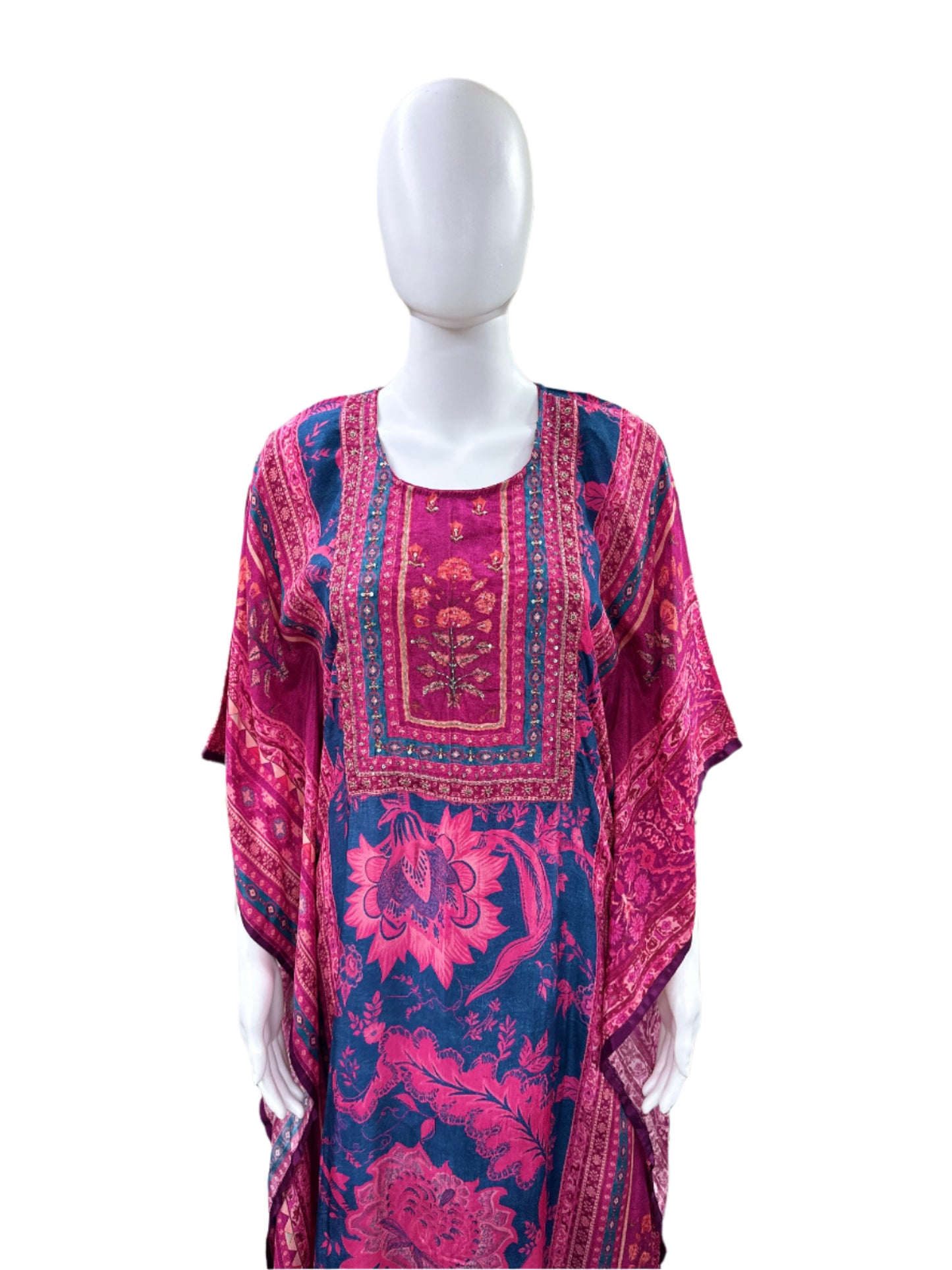Luxurious Crepe 2-Piece Ensemble - Exquisite Floral Kaftan with Artisanal Cutdana Work in Vibrant Magenta Pink & Blue