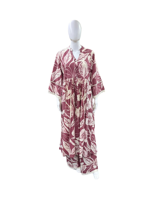 Breathable Cotton 2-Piece Ensemble - Romantic Floral Round Top with Delicate Lace Details in Warm Onion